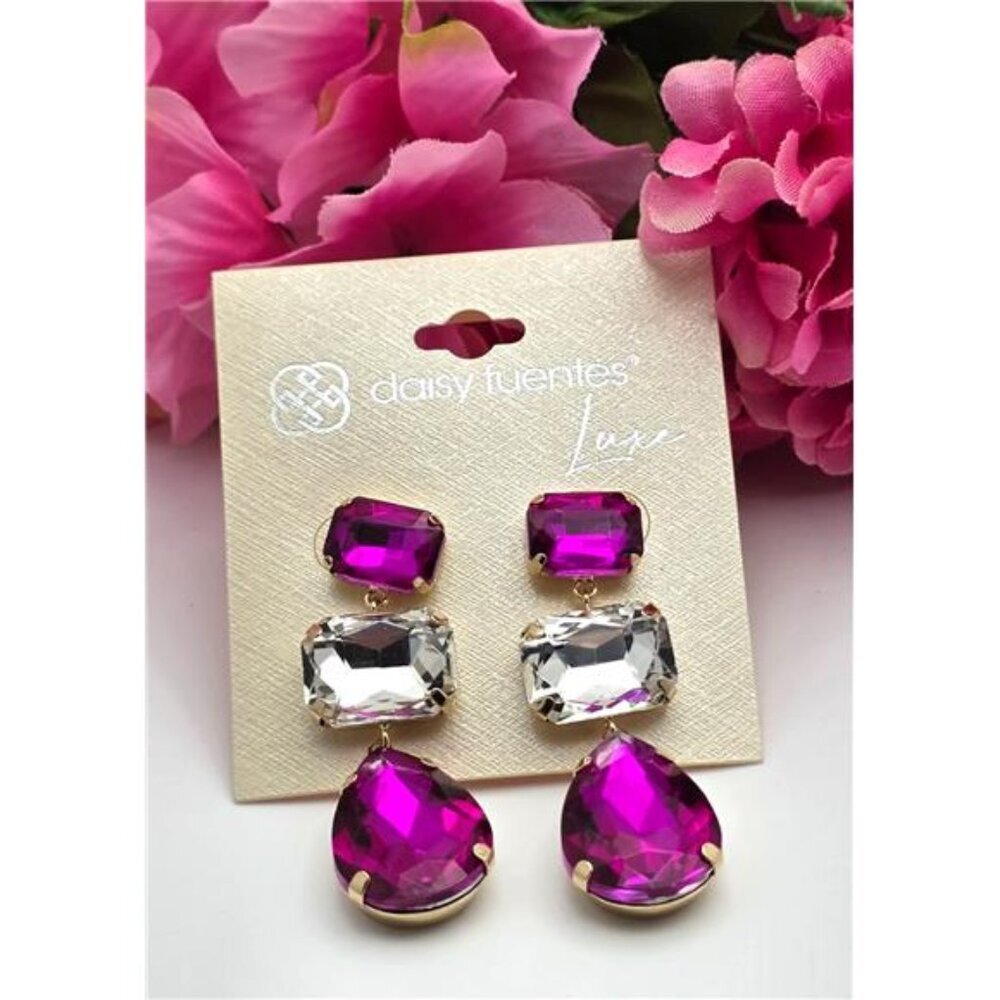 Daisy Fuentes Luxe Drop Earrings 2.25 In Purple Clear Crystal Statement